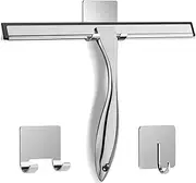 All-Purpose Stainless Steel Shower Squeegee for Shower Doors with 2 Adhesive Hooks, Bathroom Cleaner Tool Household Window Mirror Squeegee for Home Cleaning, Glass Door, Tile Wall, Car, 12 Inch Silver