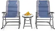 Costway 3PCS Folding Rocking Chair Set, Outdoor Table Chair Camping Set w/ 2 Rocking Chair&A Round Glass Coffee Table, Padded Seat, Garden Lounger Patio Foldable Furniture Set Conversation (Blue)