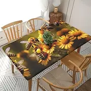 5 Foot Rectangle Elastic Fitted Tablecloth, Waterproof Edged Great for Picnic Party Outdoor Patio,Rural Honey Bees Flowers