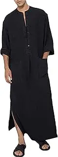 [YAOHUOLE] Men's Kaftan V-Neck Long Sleeve Kaftan Men's Long Button High Thobe Men's Side Split Cotton with Pockets