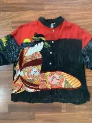 Chicos Design 100% Silk Asian Geisha Bird Print Mandarin Collar Blouse Size 1