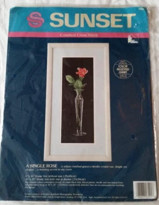 Vtg. 1990 Dimensions Sunset Cross Stitch Kit #13521 "A Single Rose" ~ Black Aida