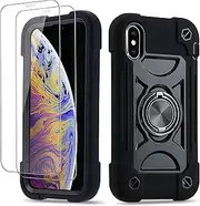 COOKIVER for iPhone Xs Max Case 6.5 Inch with Ring Stand, with 2 Pack Glass Screen Protector,Heavy-Duty Shockproof Rugged Military Grade Cover with Magnetic Car Mount (Black)