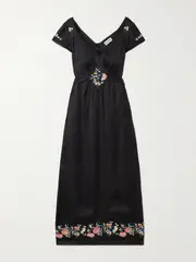 [RIXO] RIXO - Carey Lace-trimmed Embroidered Satin Midi Dress - Black - UK 16 UK 16 Black