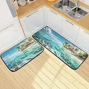 XYMZR Kitchen Mat Beach Sea Palm Trees for Floor, 2 Piece, Non Slip Washable Kitchen Rugs for Kitchen & Home Decor, Sink, Bathroom 19.7” x 27.6” + 19.7” + 47.2”