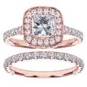 2.40 CT Diamond Encrusted Princess Cut Engagement Ring Bridal Set 14k Rose Gold