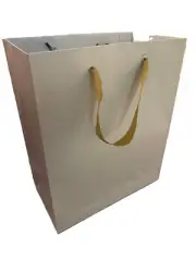 Paper Bags 100 White Gold Ribbon Handle Premium Folded Top 8 ¼” x 4 ¾” x 10 ½”