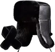 [DJG DIAL] Winter Trapper Hat Faux Fur PU Leather Windproof Earflap Hat Warm Aviator Pilot Cap with Matched Scarf