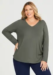 [Taking Shape] Taking Shape Natural Everyday V-neck Long Sleeve Top Size 16 in Olive, Viscose - Plus Size Women's Tops & T Shirts Olive