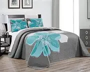 3-Piece Fine Printed Oversize (115" X 95") Quilt Set Reversible Bedspread Coverlet King Size Bed Cover (Aqua Blue, Grey, Hibiscus)
