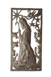 Handmade Haitian Folk Art, Framed Nativity Manger, Religious Metal Home Decor