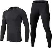 [BUYKUD] Men's Long Sleeve Base Layer Compression Athletic Underwear Shirt Tights Top & Bottom Set