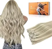 DOORES Hair Extensions Clip in Human Hair, Ash Blonde Highlighted Platinum Blonde 80g 7pcs 12 Inch, Clip in Hair Extensions Real Human Hair Straight Remy Hair Extensions Natural Hair Extensions
