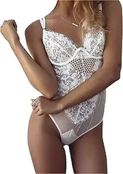 [Zylphorix] Women Lace Snap Crotch Lace Deep V Teddy One Piece Underwire Pyjama Floral Lace Bodysuit Babydoll Lingerie