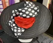 Whittall & Shon Designer Hat Black w/Black & White Bow w/ Red Center Flower NWT