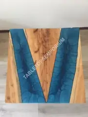 Blue Epoxy Resin Side Coffee Table Top Live Edge Wooden Corner Furniture Decors