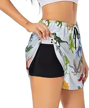 [WURTON] Cartoon Dinosaur Images Print Exercise Gym Workout Shorts Women's Athletic Shorts Dual-Layered Yoga Running Shorts