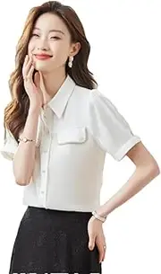 [Generic] Women Spring and Summer Short-Sleeved Shirts Button-Down Shirt V-Neck Chiffon Shirt