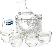 Sake Pot Set, Japanese Cold Sake Glasses, Clear Unique Trendy Floating Design, 1 Sake Carafe Bottle 1 Sake Tank and 4 Saki Cups for Cold/Warm/Hot Sake, Birthday Housewarming Gift Set
