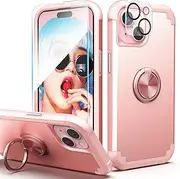 IDweel iPhone 15 Case with Screen Protector + 360°Ring Holder Stand + Camera Lens Protector,2 in 1 Shockproof Slim Fit Hybrid Heavy Duty Hard PC Cover Soft Silicone Bumper Full Body Case,Rose Gold