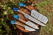 Handmade Damascus Chef Knife Set of 4Pcs with Tinted Pakka wood handle