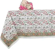 Ridhi Coral Pink 100% Cotton Boho Rectangle Tablecloth, Handblock Print Floral Table Cloth Linen for Kitchen Dining I Parties, Weddings, Christmas, Thanksgiving I Fall Home Decor 70 X 108 Inches