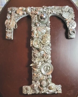 OOAK Silvertone Letter T Repurposed Jewelry, Handmade Wall Decor