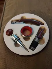 4 Piece Wine Tasting Set of Tools w/Double Lever Corkscrew in wood round box.