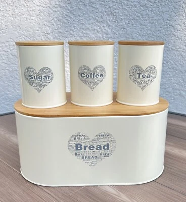 Bread Box & Sugar Coffee Tea Canister Food Storage Set for Kitchen Countertop