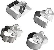 FUNOMOCYA 4Pcs Stainless Steel Mousse Mold Creative Baking Tools for Home Kitchen with Push Board Heart Round Flower Square Patterns Cake Making Supplies