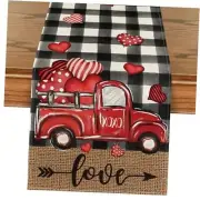Watercolor Buffalo Plaid Hearts Truck Table Runner, 13" x 120" Black/White