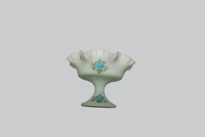 Fenton Glass Yellow Blue floral Hand Painted Signed Compote Dish Pedestal