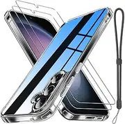 [Janmitta] Compatible with Samsung Galaxy S23 FE Case with 2 Pcs Screen Protector,Slim Fit Thin Transparent Rugged Tough Hard Cover with Wrist Strap Lanyard,2023 Crystal Clear