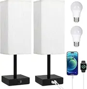 Bedside Table Lamp with USB Ports - Set of 2 Touch Control Lamp for Bedroom with USB C+A Charging Ports, 3 Way Dimmable Nightstand Light for Living Room Office, LED Bulb Included (Beige)