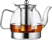 FORYUSE 1200ml Glass Teapot with Removable Infuser, Clear Large Tea Kettle with Stainless Steel Bottom, Strainer, Stovetop Safe Tea Pot for Blooming and Loose Leaf Tea