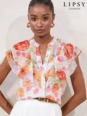 Lipsy White Printed Ruffle Short Sleeve Grandad Collar Top (AW5586) | $83