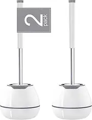 BOOMJOY Toilet Brush 2 Packs, Toilet Bowl Brush with Holder, Silicone Toilet Brush Set Cleaner, Bathroom Cleaning Kit with Tweezers - White
