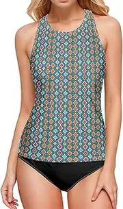 [Joisal] Tankini Swimsuit, Bathing Suit with Built in Bra, Art Bathing Suit Tops, Small