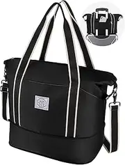 [WALNEW] Travel Duffle Bag, Carry On Bag for Women Men, Foldable Overnight Weekender Duffel Bags, Large Gym Tote Bag with Metal Buckle Detachable Shoulder Strap and Wet Compartment, Black