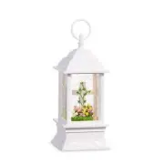 9.5 inch lighted glitter water lantern snow globe with cross in a bed of tulips,
