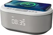Bedside Wireless Charging Radio Alarm Clock with Dimmable LED Display - Non Ticking Mains Powered Dual Alarm Clock with USB Charger and Bluetooth Speaker