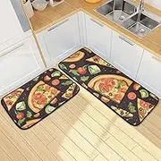 XYMZR Kitchen Mat Pizza Food Black for Floor, 2 Piece, Non Slip Washable Kitchen Rugs for Kitchen & Home Decor, Sink, Bathroom 19.7” x 27.6” + 19.7” + 47.2”