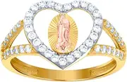 [JewelryWeb] 14k Tri color Gold Womens CZ Simulated Diamond Love Heart Guadalupe Religious Ring Statement-Ring for Women