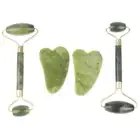 Natural Jade Massage Roller + Guasha Board SPA Scraper Stone Facial Massager FT