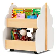 Costway 2-tier Wood Bookcase Toy Storage Organiser Rack Display Shelf w/Universal Wheels