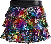 [Linjinx] Kids Girls Shiny Ruffle Hip Hop Jazz Skirted Metallic Elastic Waistband Dance Skirts Stage Performance Costume