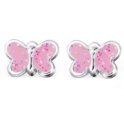 925 Sterling Silver Girls Butterfly With Pink Glitter Stud Earring Kids