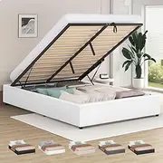 ALFORDSON Bed Frame with Gas Lift Storage Base Queen Size, Bed Platform Foundation PU Leather Upholstery Without Headboard for Mattress Topper, Wilbur White