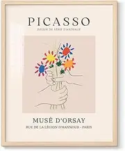 Pablo Picasso Canvas Wall Art Picasso Bouquet of Peace Poster Famous Painting Flower Bouquets with Hands Picture Minimalist Wall Decor for Living Room Bedroom Home Kitchen Decoration, 8x10 Inch Framed
