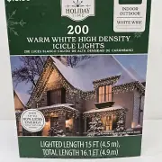 Holiday Time - 200 LED Warm White High Density Icicle Lights White Wire 15 ft